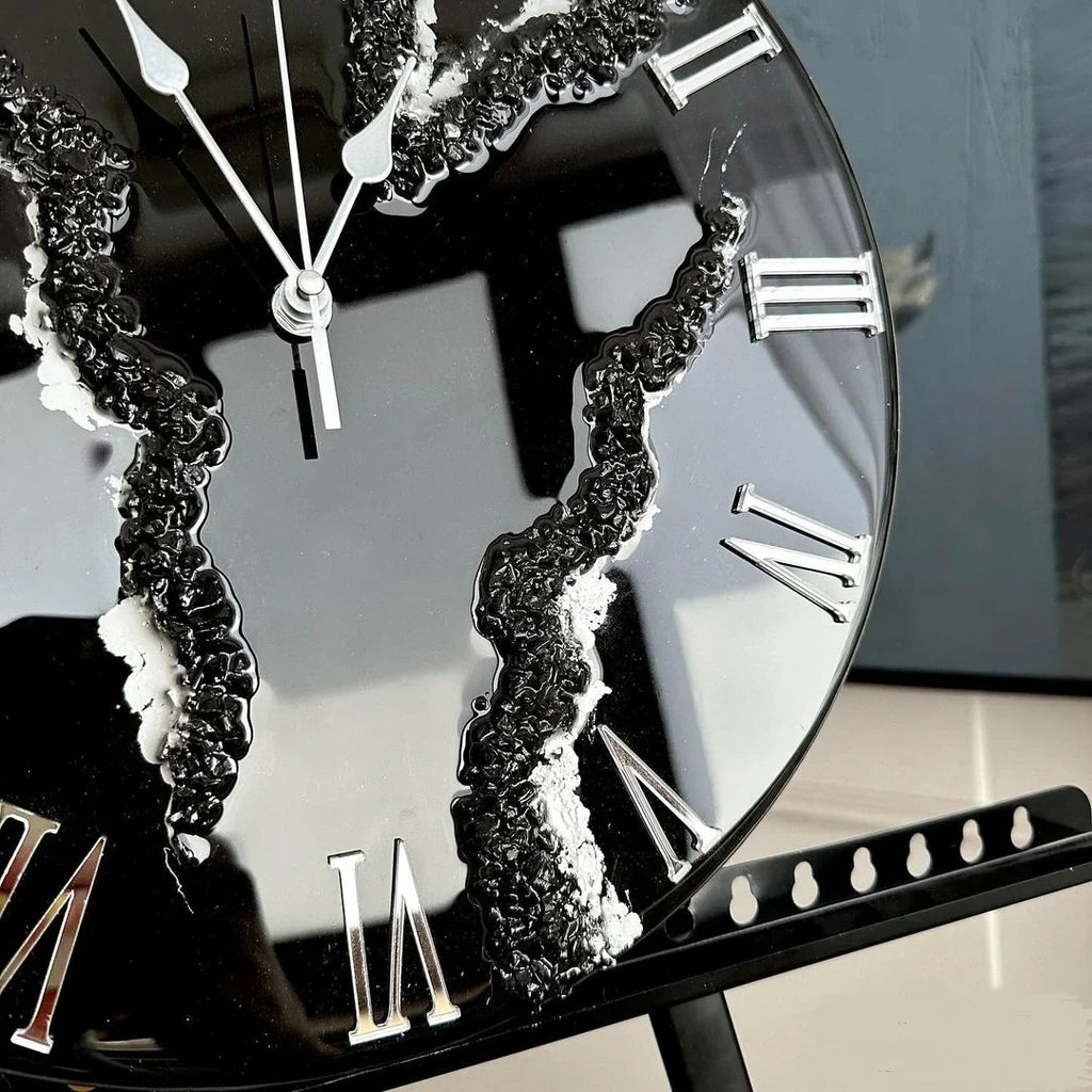 Black Ice Radiance – Resin Clock with Silver Touch