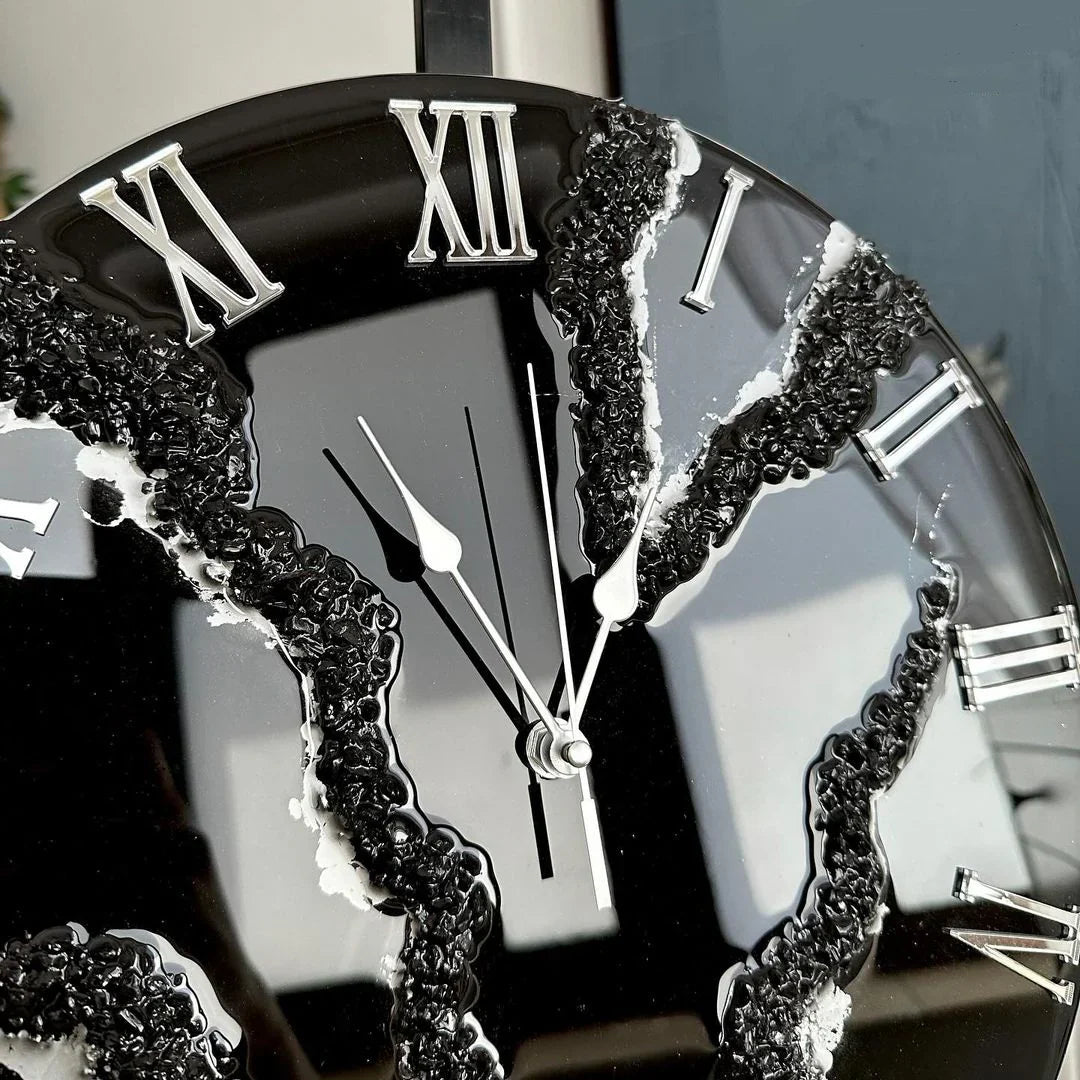 Black Ice Radiance – Resin Clock with Silver Touch